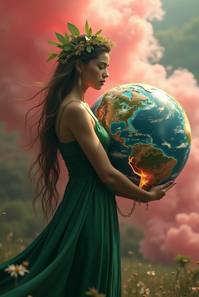 ultra realistic image of the goddess gaia in a green dress and leaves on her head with gold threads hugging and looking at planet earth, more specifically Brazil, containing the flames of the fires, convey depth, in the background pink smoke