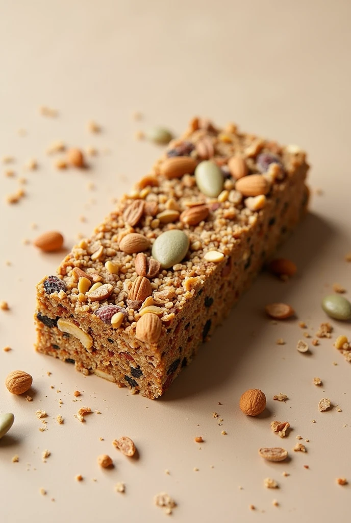 Create a bar that is made of nuts, almonds, pumpkin seeds, chia seeds, but that looks crushed, that is, ground.