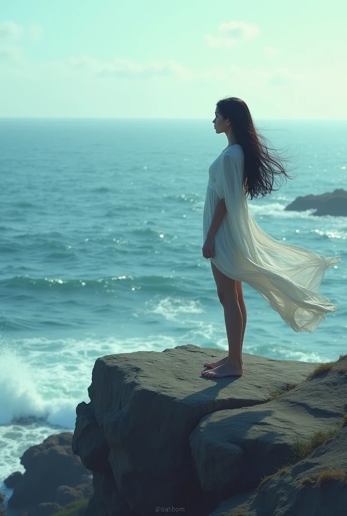 there is a woman standing on a rock looking at the ocean, girl looking at the ocean waves, standing next to the ocean, looking at the ocean, standing on the beach, looking at the ocean, looking towards the sea, standing next to the water, standing on a beach, standing near the beach, looking at the water, Girl standing on the cliff
