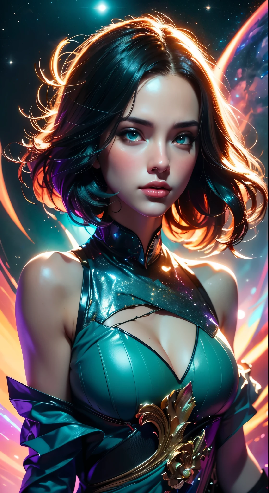 Young princess dreaming of nebula and galaxies, shooting stars, vibrant colors, night time sky background 8k resolution concept art by Greg Rutkowski dynamic lighting hyperdetailed intricately detailed Splash art trending on Artstation triadic colors Unreal Engine 5 volumetric lighting Alphonse Mucha WLOP Jordan Grimmer orange and teal