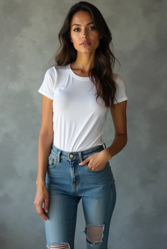 beautiful latin woman, standing straight facing forward,with white t-shirt, denim jeans pants, on a greyish background, cotton t-shirt texture, fitted t-shirt, round neck, striped tights. Medium camera shot.