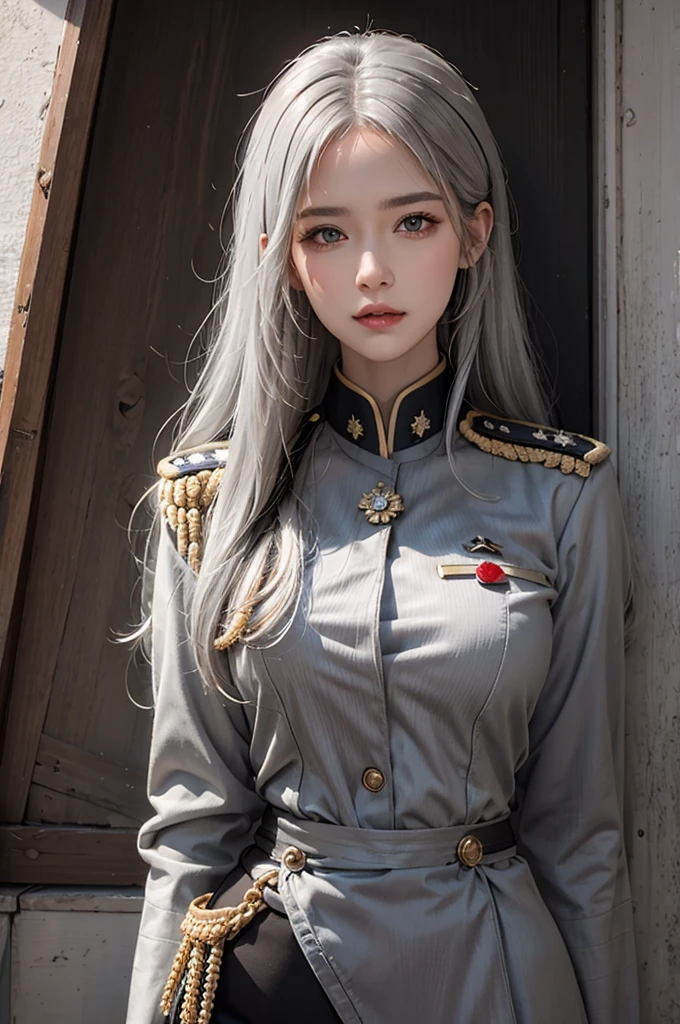 photorealistic, high resolution, soft lights, 1women, solo, hips up, look at viewer, (detailed face), white hair, long hair, military uniform, jewelry