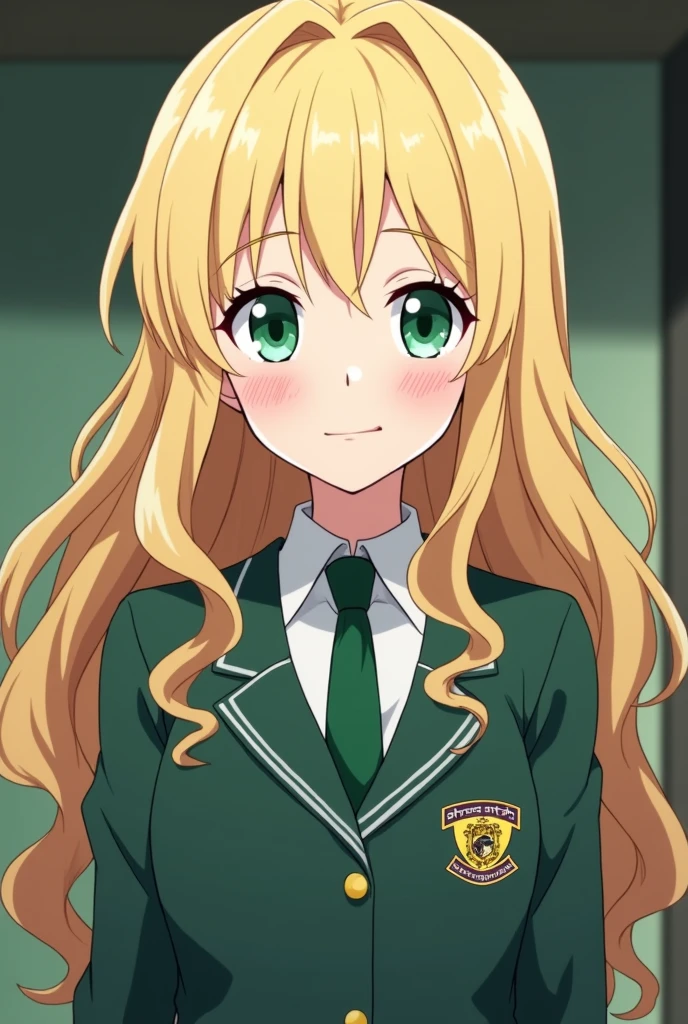 Assassination Classroom screenshot a white girl, green eyes, long wavy hair, blonde hair, long eyelashes, He is wearing the Assassination Classroom high school uniform., this would be serious, animation style: anime like boku no hero academia, very cute, has a good body