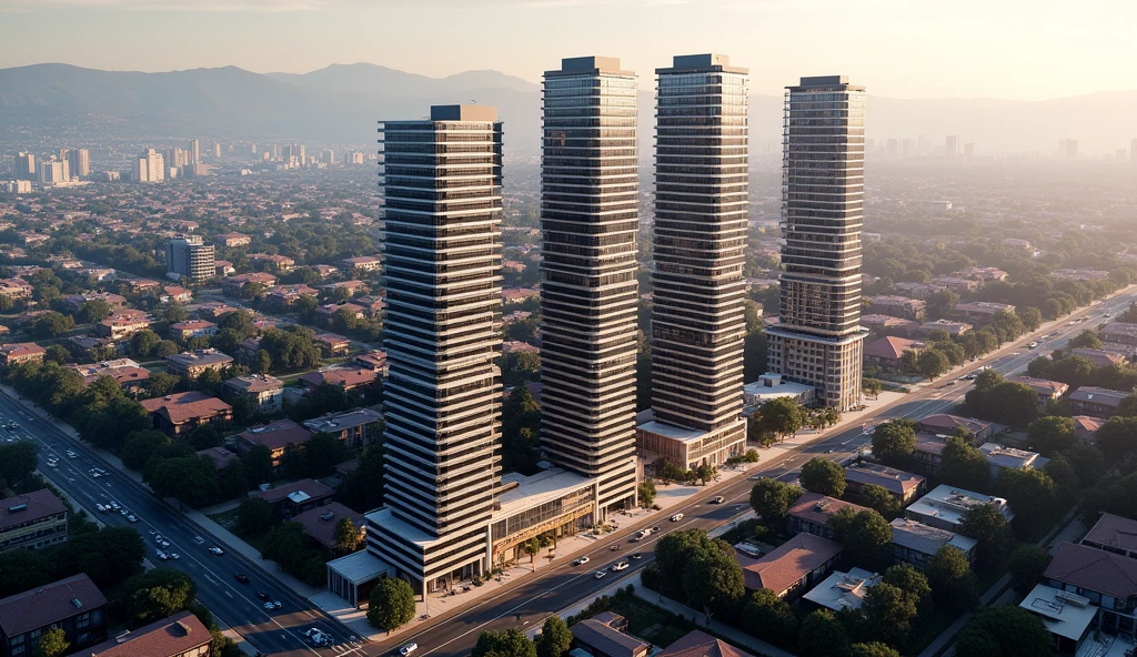 Generates an image with an aerial view from the sky.:
4 office and residential buildings.
The 4 buildings are the only thing that stands out in the neighborhood where it is located..
The buildings are 120 meters high and 30 floors high..
In the city of Arequipa.