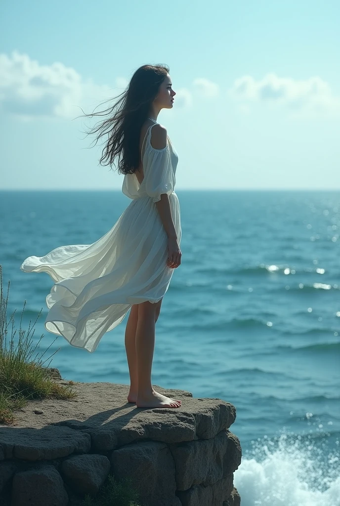there is a woman standing on a rock looking at the ocean, girl looking at the ocean waves, standing next to the ocean, looking at the ocean, standing on the beach, looking at the ocean, looking towards the sea, standing next to the water, standing on a beach, standing near the beach, looking at the water, Girl standing on the cliff