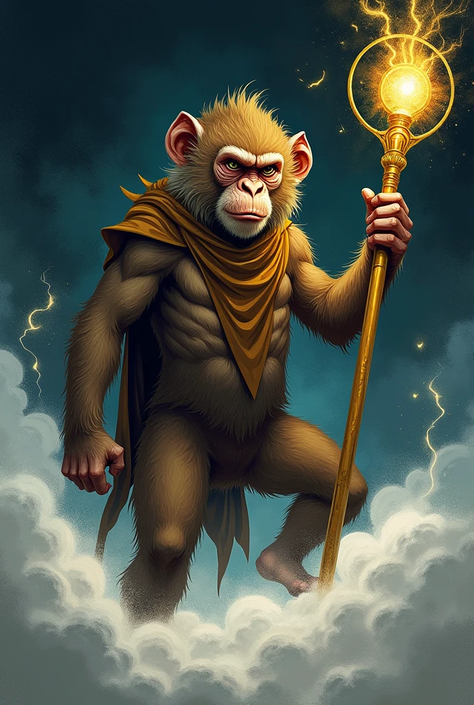 A monkey, holding a golden stick, standing on clouds, hand-drawing style, (dark style), (brave)