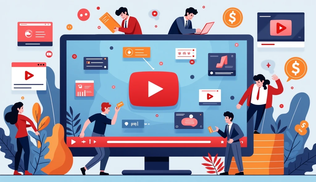 Image showing a variety of ads being displayed on YouTube videos, with money icons growing as ads are clicked.