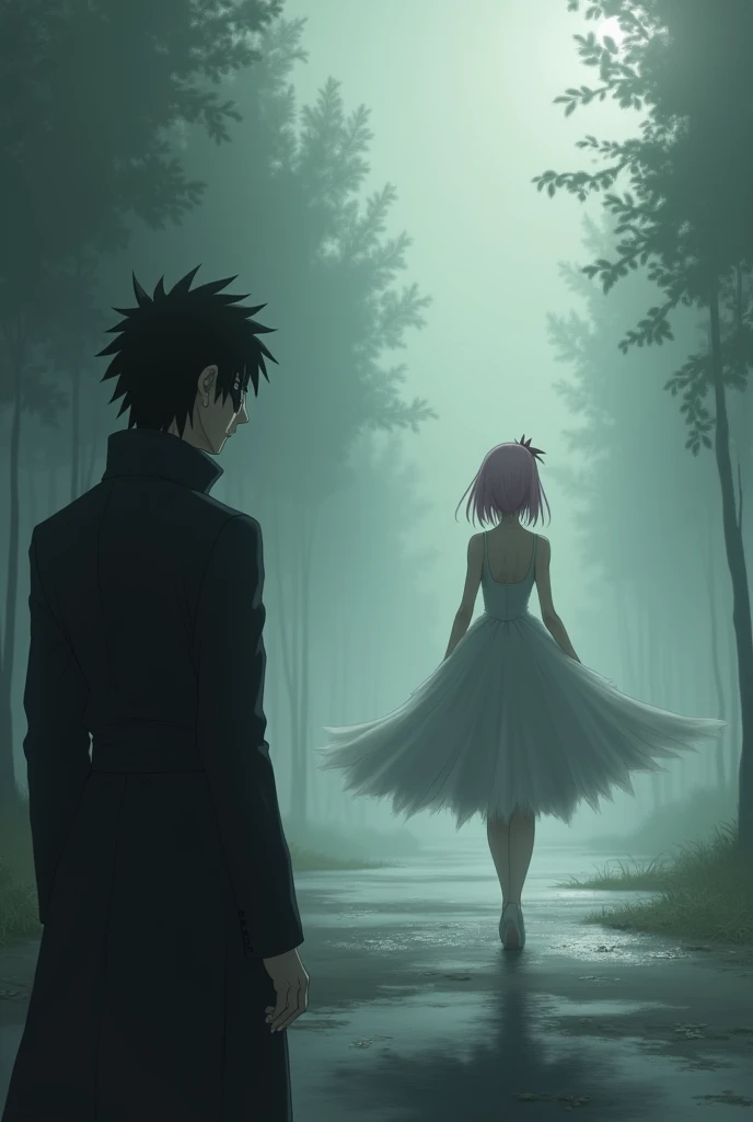 Sasuke Uchiha a 30 year old man with black eyes and hair wearing a dark suit and an eye patch who watches from a distance a ballet dancer named Sakura Haruno with light pink hair and jade green eyes wearing her ballet dress