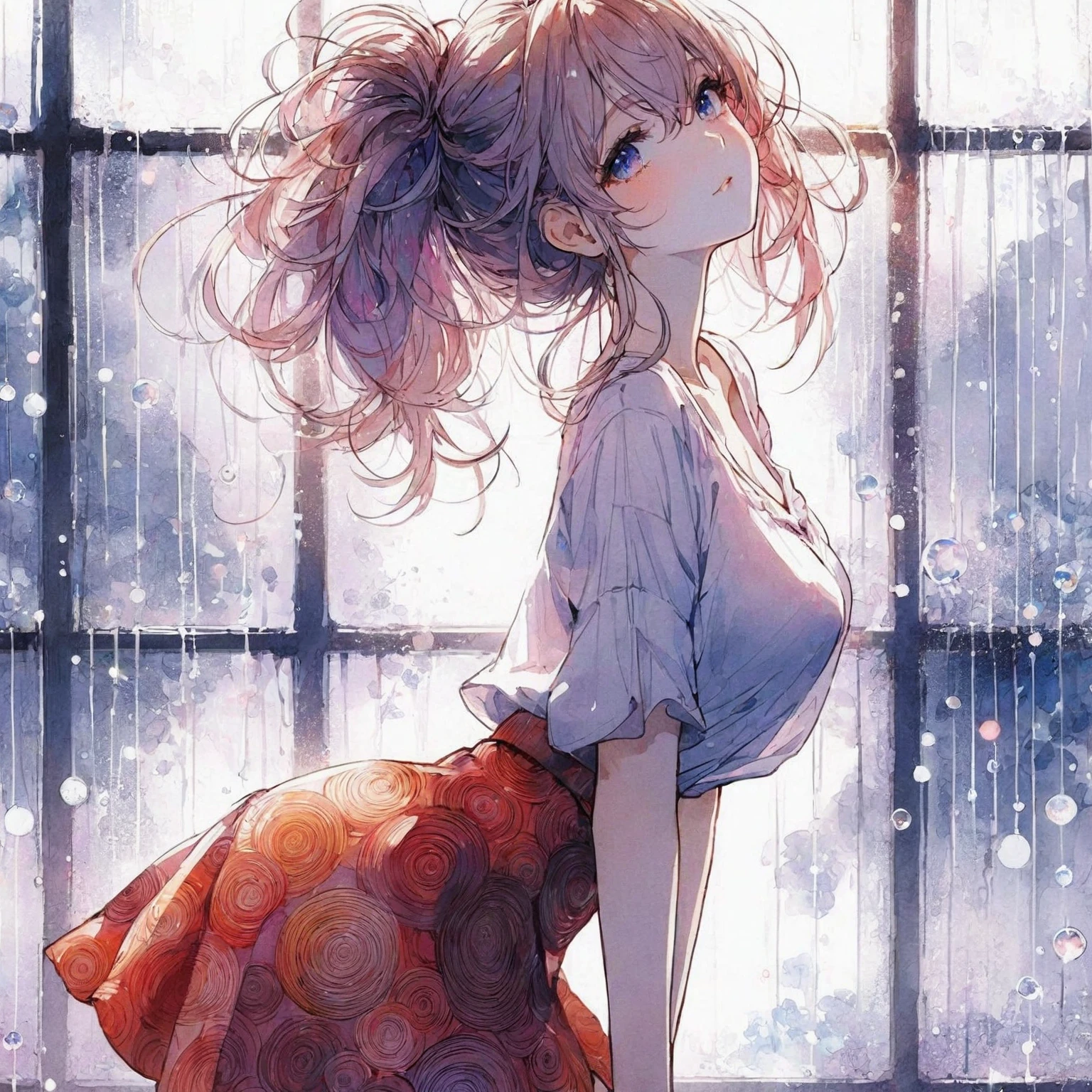 Official art using high-quality hand-drawn watercolor sketch techniques. (best quality,4k,8k,highres,masterpiece:1.2),ultra-detailed,beautiful detailed eyes,A girl with beautiful eyes, everyone, beautiful anime girl, cute anime girl, smooth anime art, anime style, elegant colors, soft lighting, delicate beautiful eyes, very coquettish, (beautiful large breast:1.2), (correct hands:1.2),