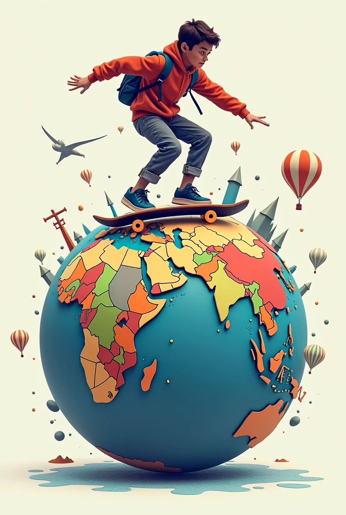 Young adventurer on a skateboard spinning around the globe, passing through the countries, art in logo brand style, Fine art, minimalistic, cyberpunk, animation