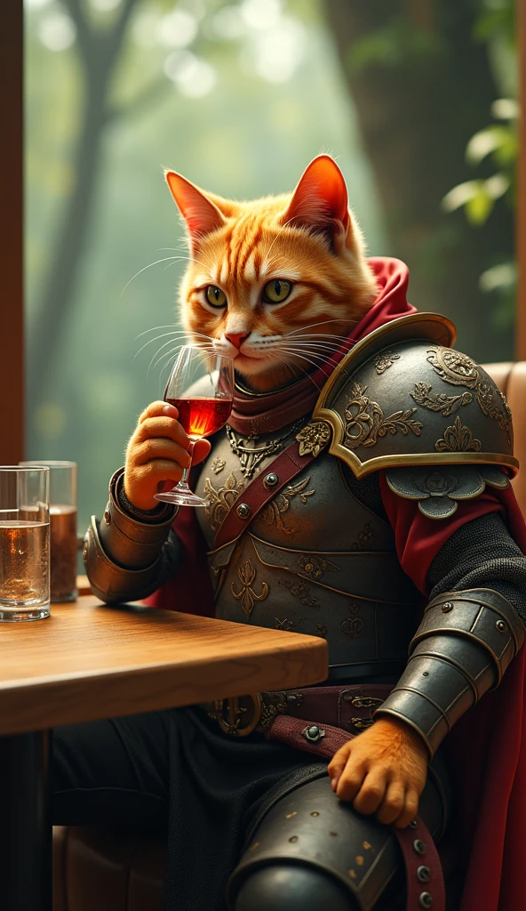 A stunning 3D rendering illustration of an orange-furred teenage cat, portrayed as a muscular warrior. The cat is dressed in a fashionable and elaborate armor, adorned with intricate designs and a cape. In a surreal forest cafe setting, the cat is shown sipping wine from a glass, exuding a strong and confident presence. The atmosphere of the scene is cinematic, with a touch of anime and conceptual art, creating an immersive and visually captivating experience., conceptual art, cinematic, anime, 3d render, fashion, illustration