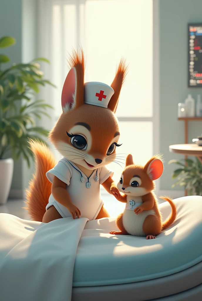 Squirrel with nurse&#39;s body treats mouse with injured patient&#39;s body ,luxury hospital , Regards indeed, , High detail as real life
