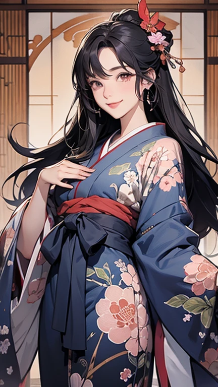 A beautiful woman smiles and shows her upper white teeth、Vividly colored Japanese Ukiyo-e style illustrations、SeaArt creates stunning illustrations of beautiful women in kimono、Brown-black long hair、Beautiful full body style、Beautiful digital illustrations、Beautiful and innovative digital paintings, Bright vibrant anime art, Detailed digital anime art,  Beautiful anime portraits