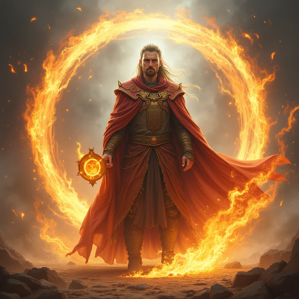 "Kael, now holding the magical artifact, is empowered as flames and wind swirl around him, symbolizing your new elemental powers."
