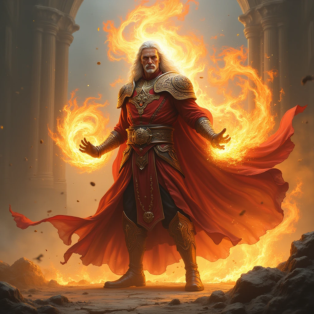 "Kael, now holding the magical artifact, is empowered as flames and wind swirl around him, symbolizing your new elemental powers."