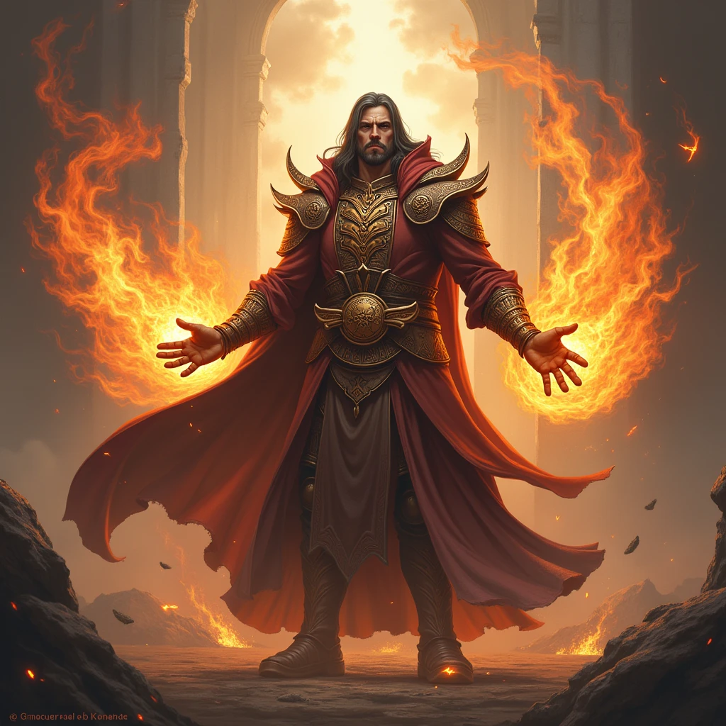 "Kael, now holding the magical artifact, is empowered as flames and wind swirl around him, symbolizing your new elemental powers."