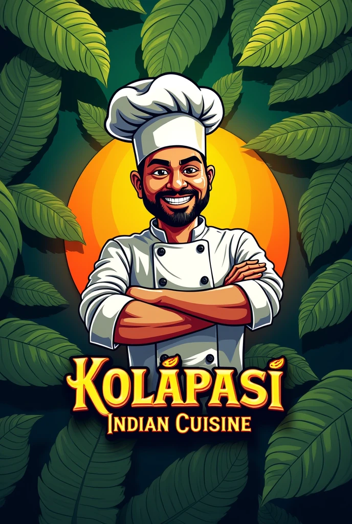 Banana leaf background with a chef meme and the restaurant name Kolapasi Indian Cuisine
