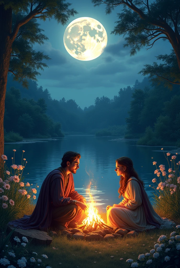 The full moon now illuminates the lake and the garden. Two couples are sitting around an improvised campfire, while the air is filled with the fragrance of night flowers. The atmosphere is intimate and full of mystery. medieval era