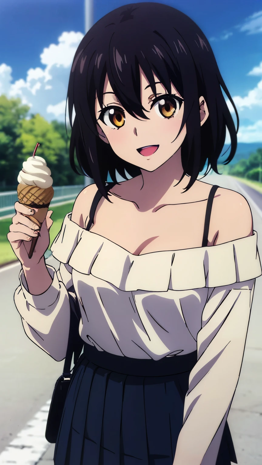 (highest quality, 8k, High resolution, masterpiece:1.2), Anime art style, Hyper Detail, himeragi yukina, Brown eye, Black Hair, Hair between the eyes, Medium Hair, 1 girl, Perfect Face, eye_Light_big,Small medium breast, Soft impression, alone, (long sleeve off-shoulder light yellow sweater, black halterneck camisole, (hand bag, shoulder strap), black pleated mini skirt, Ice cream, open mouth, smile, daytime, highway), Cowboy Shot, dutch angle, looking at viewer,