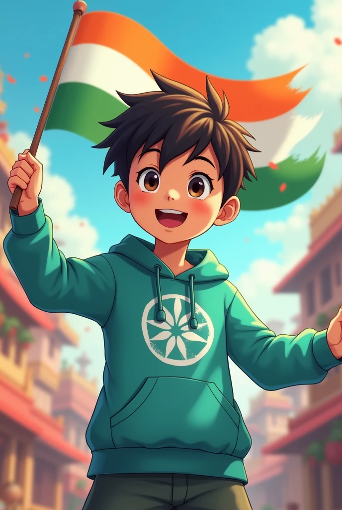 a anime boy celebrating indian independance with indian flag, bright mint hoody and white logo