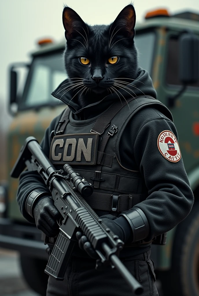 Create a black cat, a hitman. He's wearing a bulletproof vest with the letters CDN and a high-caliber rifle. He's a member of the Northeast cartel. He's next to an armored truck.