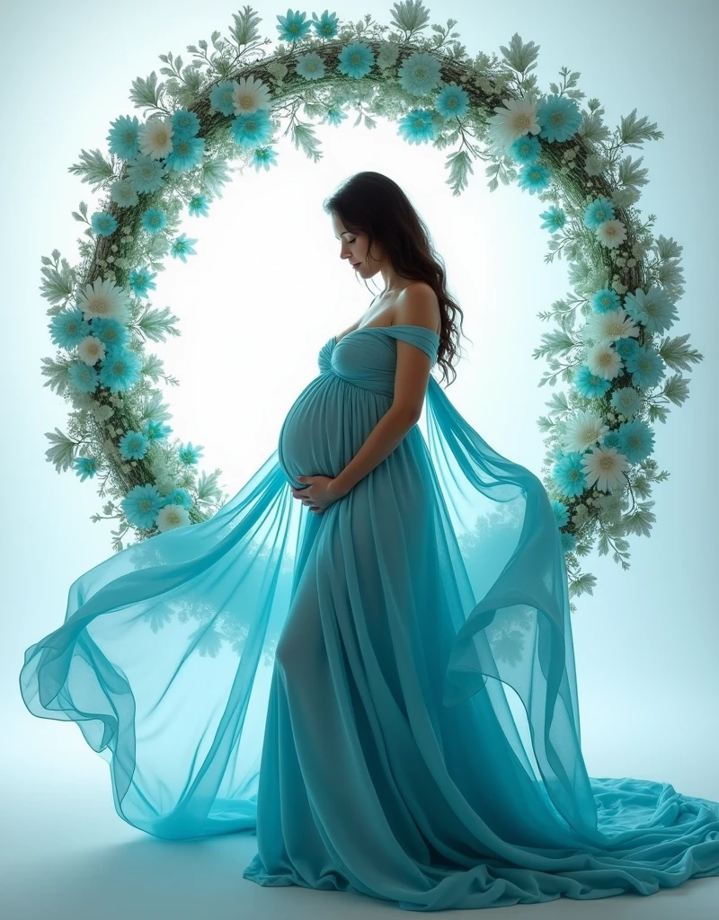 pregnant woman in red dress standing in front of a floral wreath, a colorized photo by Marie Angel, pinterest, art photography, maternal photography 4 k, cyan photographic backdrop, light blue dress portrait, flowing gown, beautiful flowing fabric, blue swirling dress, sky - blue dress, ethereal and dreamy theme, wearing a flowing dress, endless flowing ethereal drapery, gown