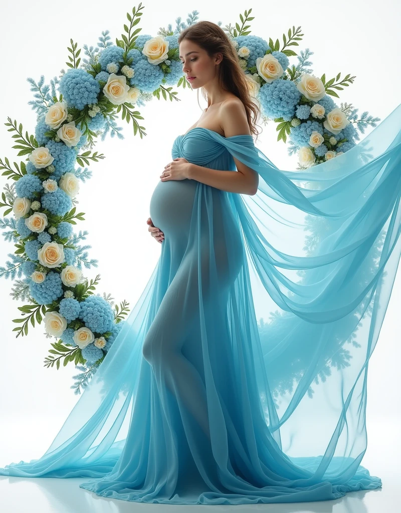 pregnant woman in red dress standing in front of a floral wreath, a colorized photo by Marie Angel, pinterest, art photography, maternal photography 4 k, cyan photographic backdrop, light blue dress portrait, flowing gown, beautiful flowing fabric, blue swirling dress, sky - blue dress, ethereal and dreamy theme, wearing a flowing dress, endless flowing ethereal drapery, gown