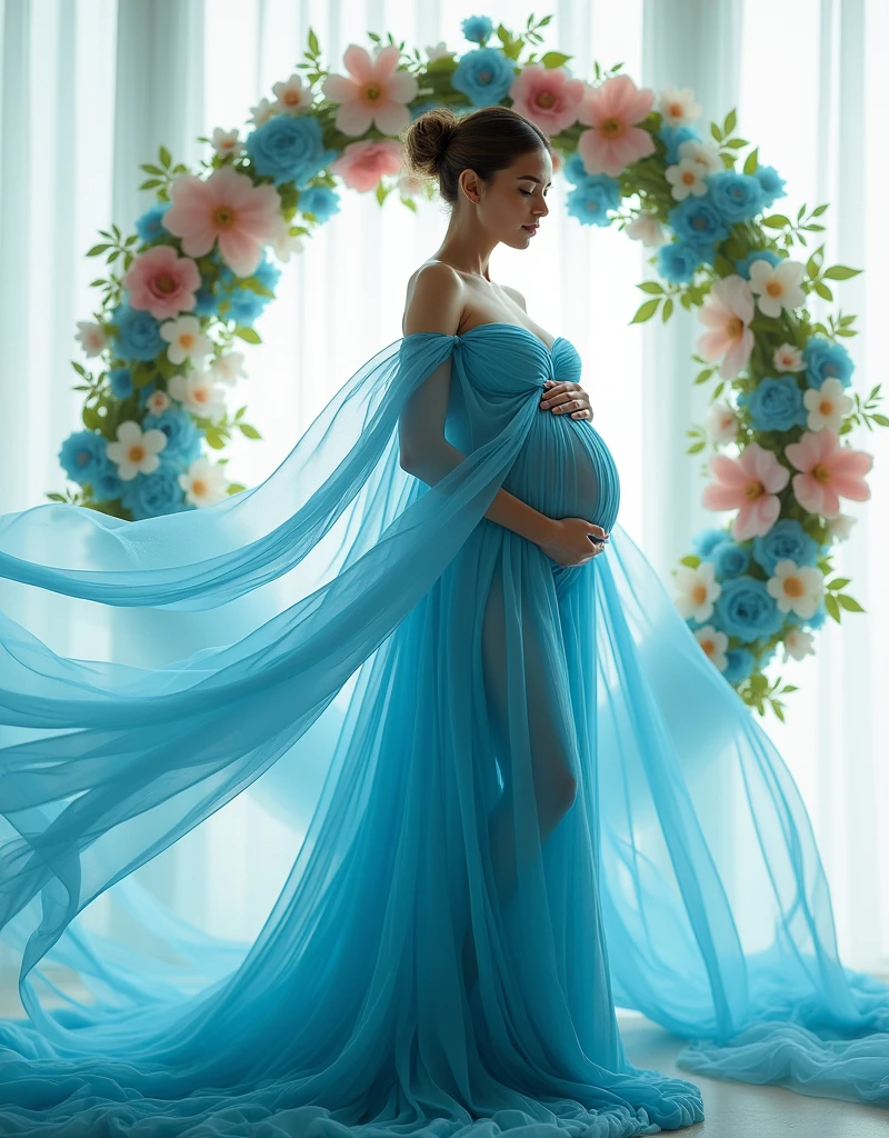 pregnant woman in red dress standing in front of a floral wreath, a colorized photo by Marie Angel, pinterest, art photography, maternal photography 4 k, cyan photographic backdrop, light blue dress portrait, flowing gown, beautiful flowing fabric, blue swirling dress, sky - blue dress, ethereal and dreamy theme, wearing a flowing dress, endless flowing ethereal drapery, gown