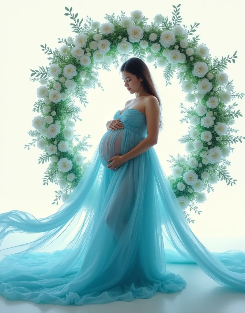 pregnant woman in red dress standing in front of a floral wreath, a colorized photo by Marie Angel, pinterest, art photography, maternal photography 4 k, cyan photographic backdrop, light blue dress portrait, flowing gown, beautiful flowing fabric, blue swirling dress, sky - blue dress, ethereal and dreamy theme, wearing a flowing dress, endless flowing ethereal drapery, gown