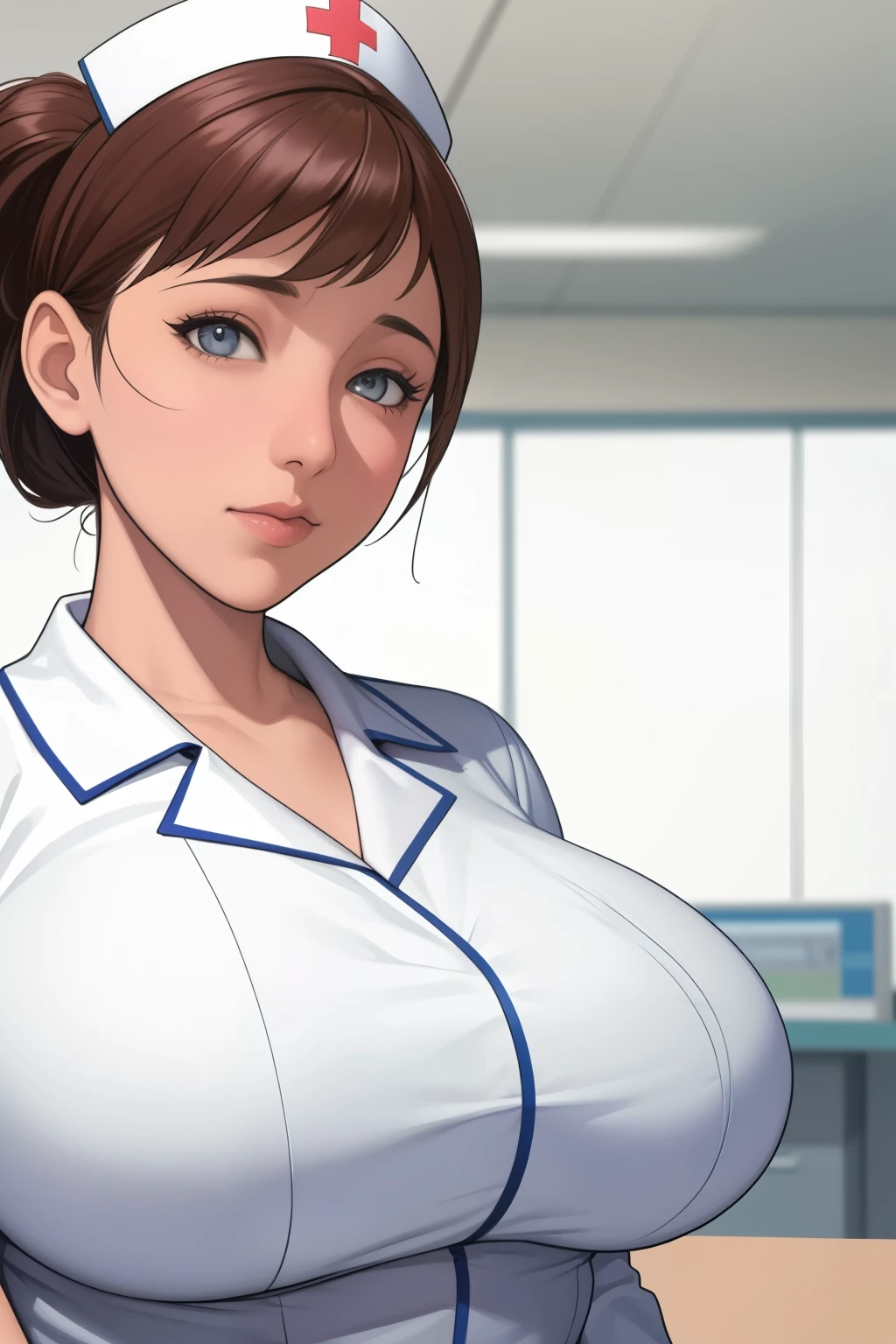  , (Highest quality), Big Head, (1 with gigantic breasts:1.2) Wearing a nurse blouse at the hospital