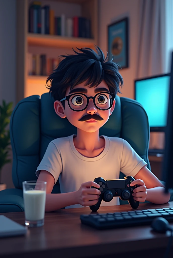 Boy with glasses and thin mustache drinking a glass of milk and playing video games