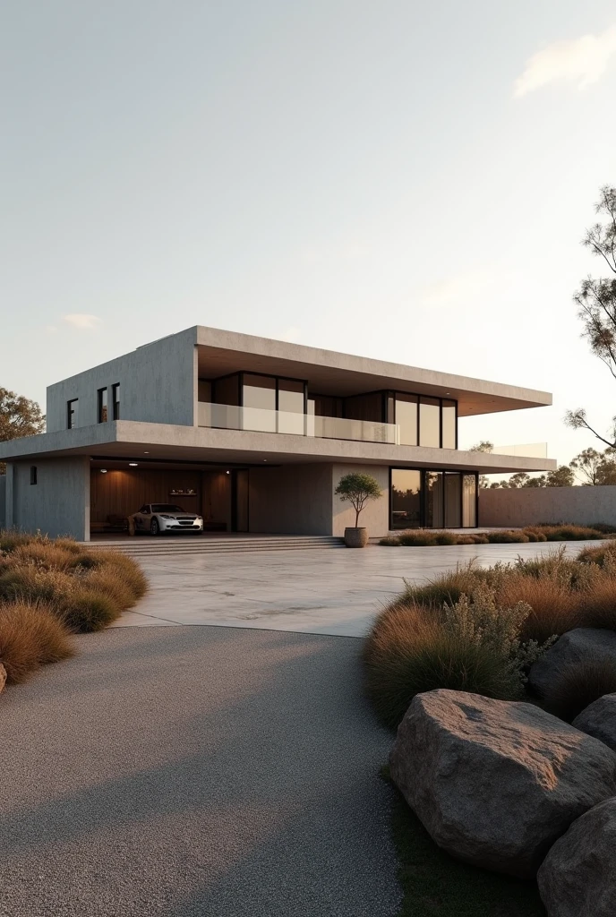 large luxury concrete house in a rural Western Australian coastal port city, coastal port city, luxury house, structurally stable, structurally sound, walled, stable ground, house has driveway, nearby highway, ultrarealistic, soft lighting, 8k