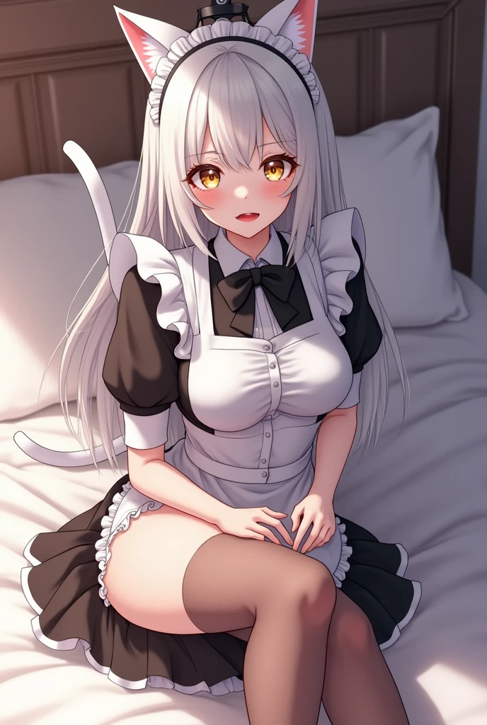 8k quality image. Create a male anime character. Man with a thin body and pale complexion, White hair, loose and long, golden eyes and long eyelashes, Red lips. Must be dressed as a maid with a fluffy white cat tail. Must have stockings on legs and a service tiara. You must have your legs open while your fingers caress your crotch. You must be lying on a bed