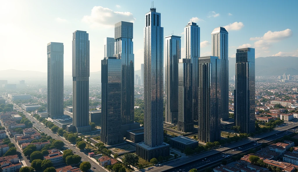 Generates an image with an aerial view from the sky.:
12 office and residential buildings.
The 12 buildings are the only thing that stands out in the neighborhood where it is located..
The buildings are 120 meters high and 30 floors high..
In the city of Arequipa.