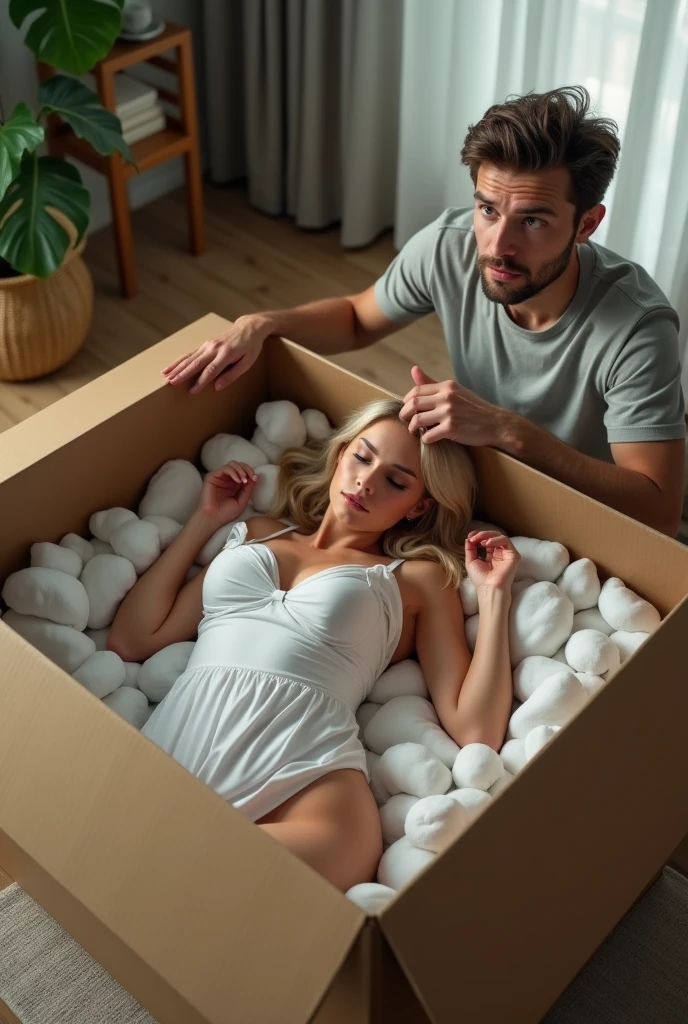 A young man in casual clothes opens the door to his apartment and notices a rectangular cardboard box, The man opens the box and looks with surprise to see that inside it there is a beautiful young blonde European woman dressed in sexy lingerie and asleep surrounded by polystyrene, The woman's entire body fits in the box, The man grabs the girl's body, Hyper-realistic image quality