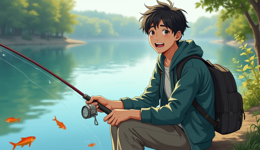 A Japanese male college student wearing fashionable clothes is fishing on a lake with a bright expression,Excited, Photo of your face, Fish swimming in the lake, with a natural look, With a slightly tired look, tilt your face a little, Diagonal orientation, Average face