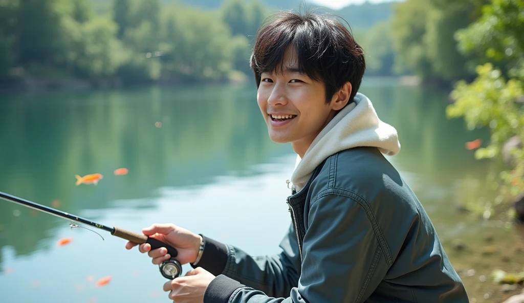 A Japanese male college student wearing fashionable clothes is fishing on a lake with a bright expression,Excited, Photo of your face, Fish swimming in the lake, with a natural look, With a slightly tired look, tilt your face a little, Diagonal orientation, Average face