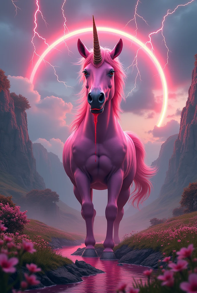 Pink unicorn with big horns red eyes mouth with red water running down the river with sky with lightning and rainbow beautiful landscape with flowers