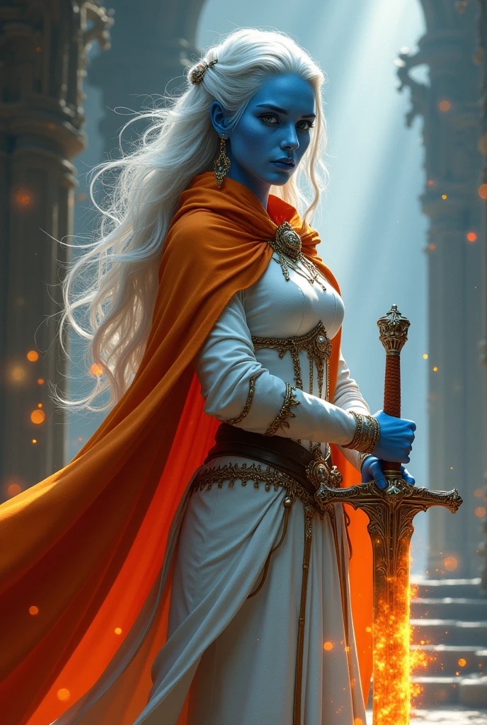 fantasy art, dnd art, RPG art, drkfntasy wide shot, (masterpiece: 1.4) portrait, intense details, highly detailed, photorealistic, best quality, highres, glowing particle portrait a vedalken female (fantasy art, Masterpiece, best quality: 1.3) (blue skin: 1.5), intense details facial details, exquisite beauty, (fantasy art, Masterpiece, best quality)cleric, (blue colored skin: 1.5) blue skinned female, (white hair: 1.3), long hair, intense green eye, (fantasy art, Masterpiece, best quality), (((no ears: 1.5))), armed a fiery sword red fire, wearing heavy (white: 1.3) half plate mail armor CM-Beautiful_armor wearing high heeled laced boots, wearing an(orange :1.3) cloak, wearing glowing holy symbol GLOWING EARRINGS, within fantasy temple background, reflection light, high details, best quality, 16k, [ultra detailed], masterpiece, best quality, (extremely detailed), close up, ultra wide shot, photorealistic, RAW, fantasy art, dnd art, fantasy art, realistic art, 