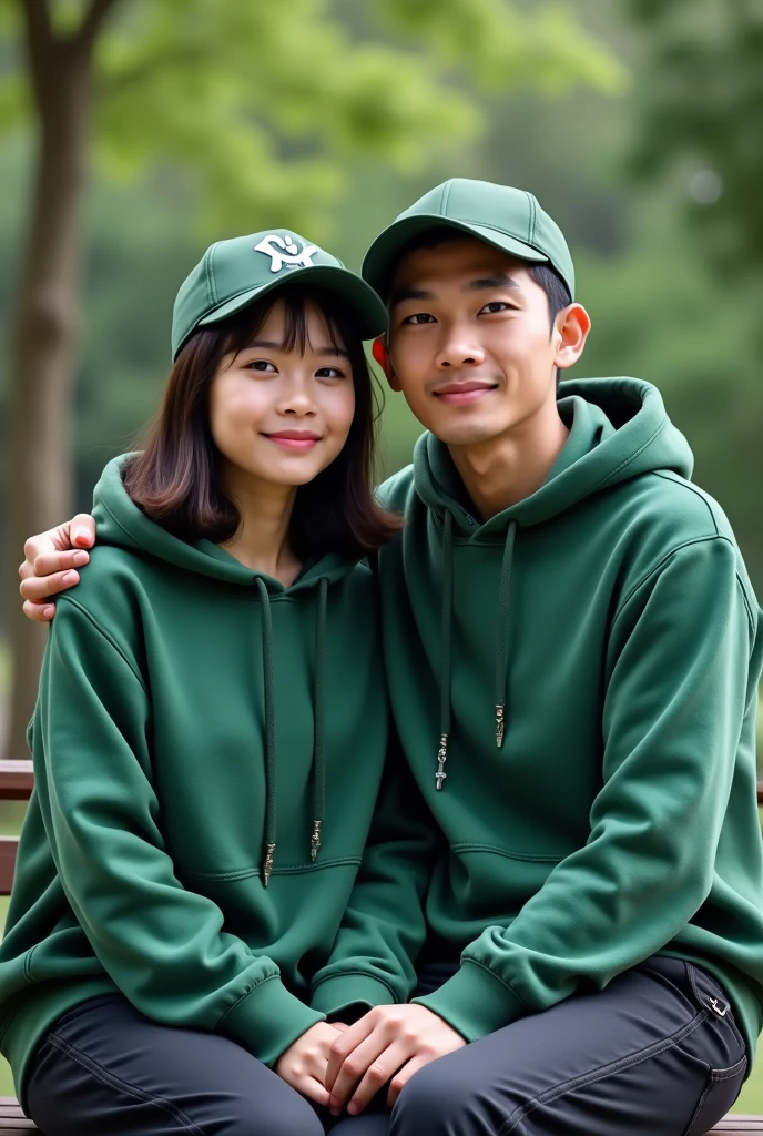 A pair of Indonesian lovers, clean faces, wearing hoodies green color wearing baseball caps, sitting on a park bench, photo facing front,super HD photography, sophisticated camera