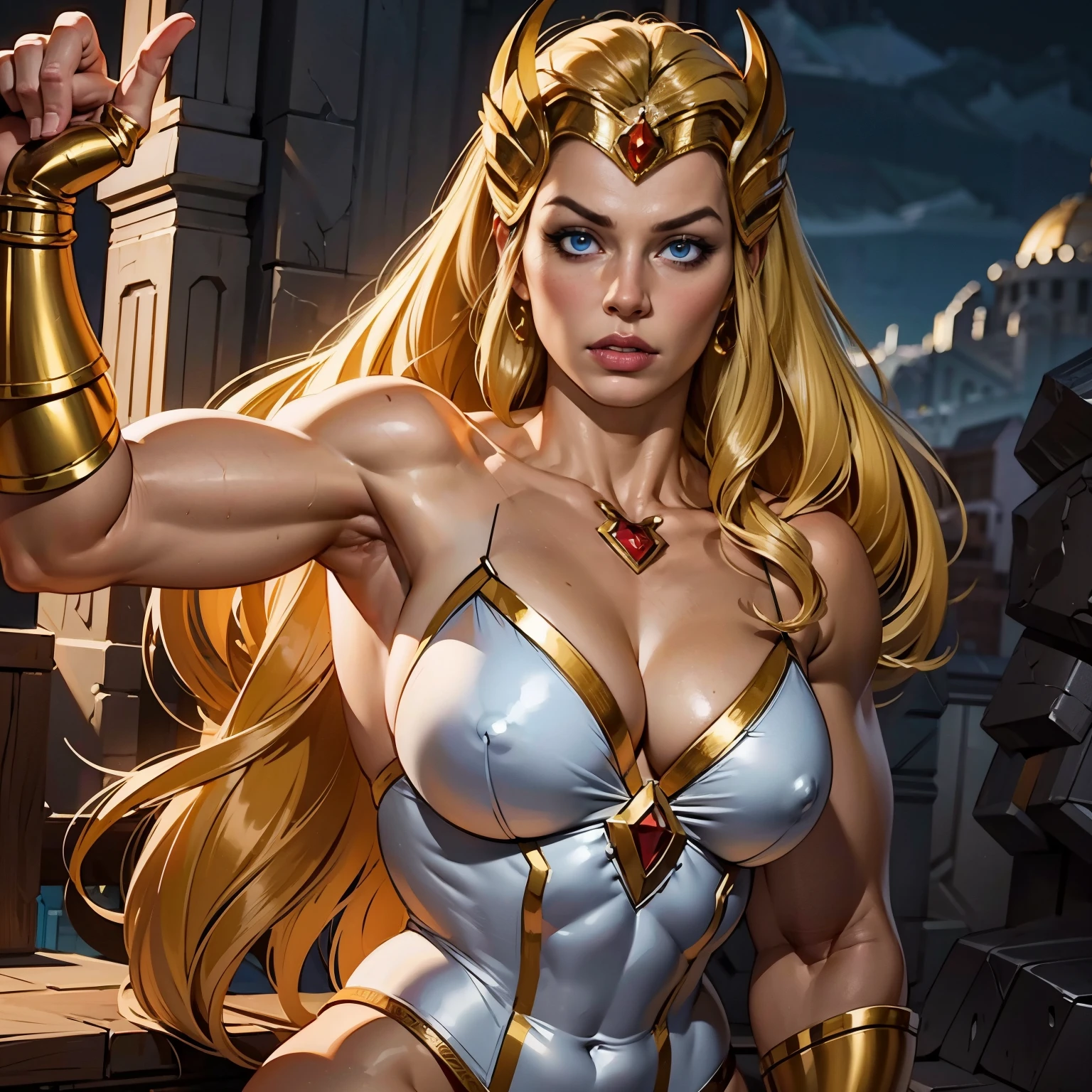 a majestic muscular woman, She-ra, extremely detailed muscular female body, highly detailed face, piercing eyes, full lips, beautiful long hair, heroic pose, legendary sword raised high, powerful stance, fantasy landscape background, dramatic lighting, cinematic composition, vibrant colors, realistic photorealistic 3d render, intricate details, cinematic lighting, ultra-detailed, 8k, best quality, (masterpiece:1.2)