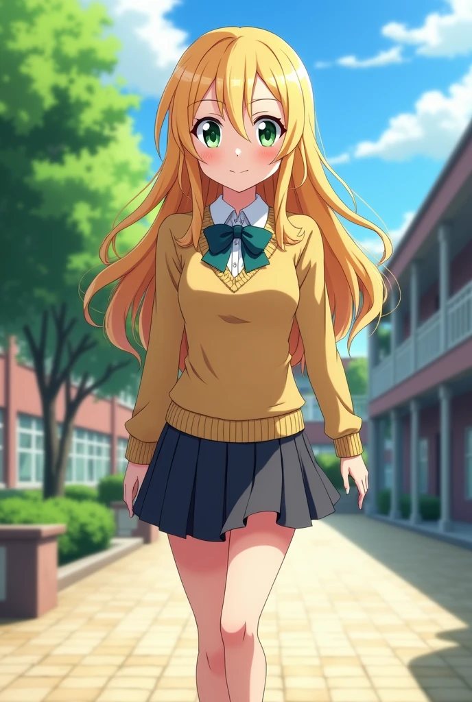Assassination Classroom screenshot a white girl, green eyes, long wavy hair, blonde hair, long eyelashes, He is wearing the Assassination Classroom high school uniform., He is smiling, animation style: anime like boku no hero academia, very cute, has a good body, He is walking through a high school in the anime Assassination Classroom