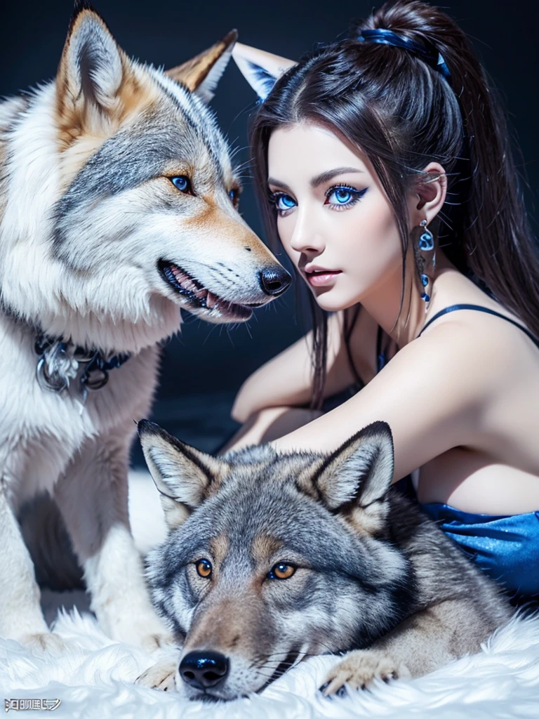 A large wolf next to a large fox with piercing blue eyes and next to them a gray she-wolf with piercing blue eyes.