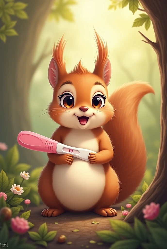squirrel with a baby bump and a positive pregnancy test in hand