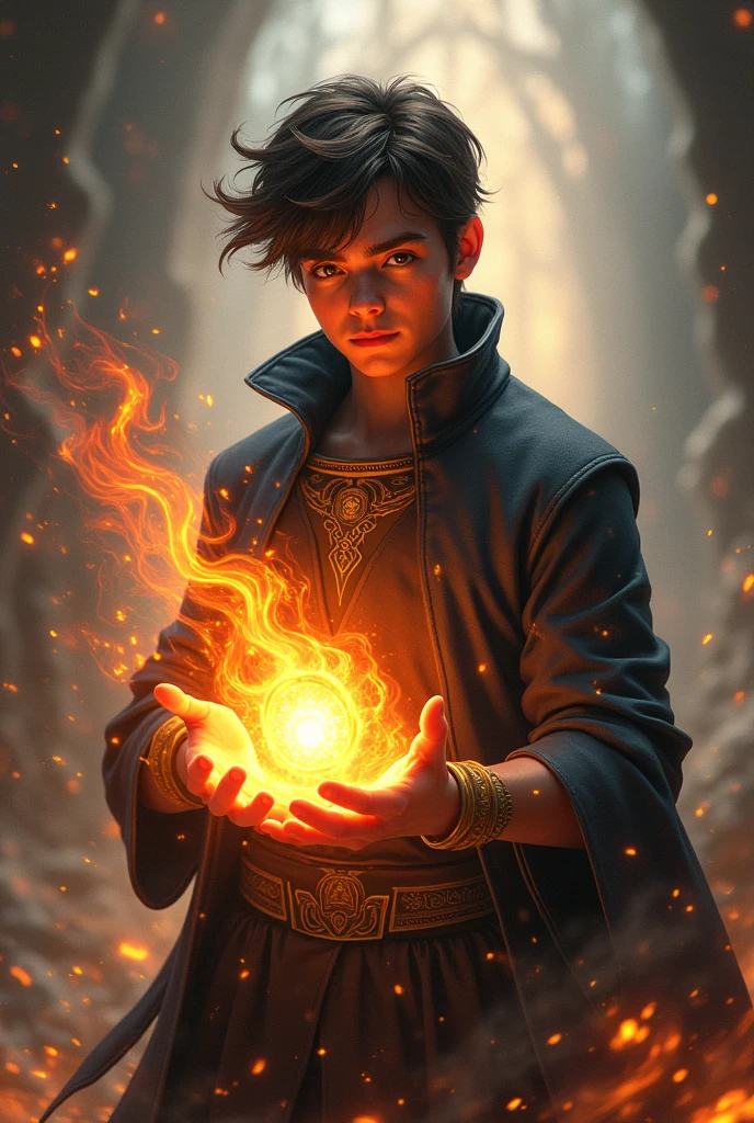 "THE YOUNG Kael, now holding the magical artifact, is empowered as flames and wind swirl around him, symbolizing your new elemental powers."