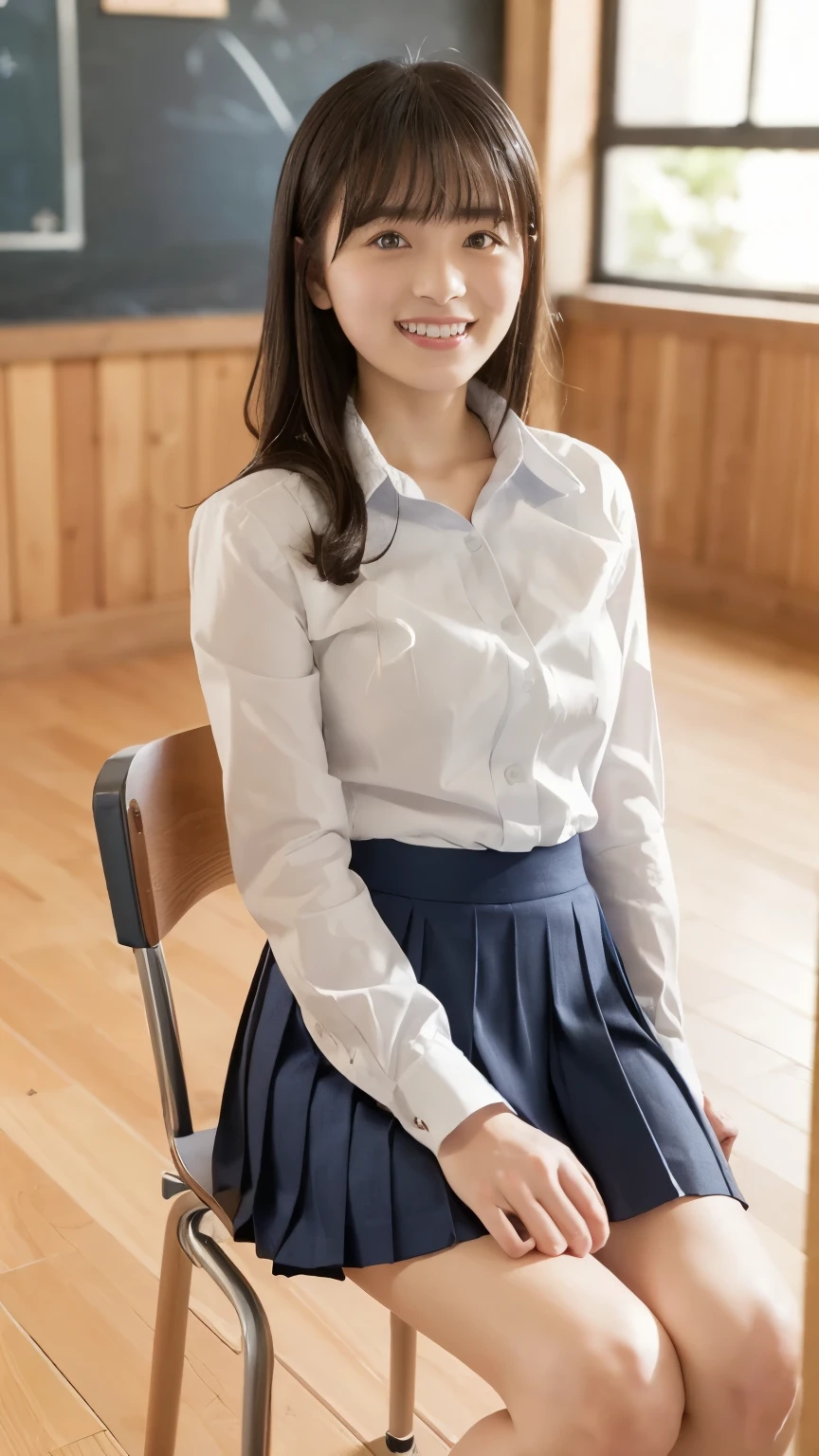 (8k、RAW Photos、Highest quality、masterpiece:1.2)、(Realistic、Realistic)、1 person、((High School Uniform:1.6、White blouse、Navy blue pleated skirt))、Short Bob、View from the front、smile、Looking into the camera 、smile))、cute、Small breasts、Cleavage、classroom、Sitting in a chair、Crossing your legs