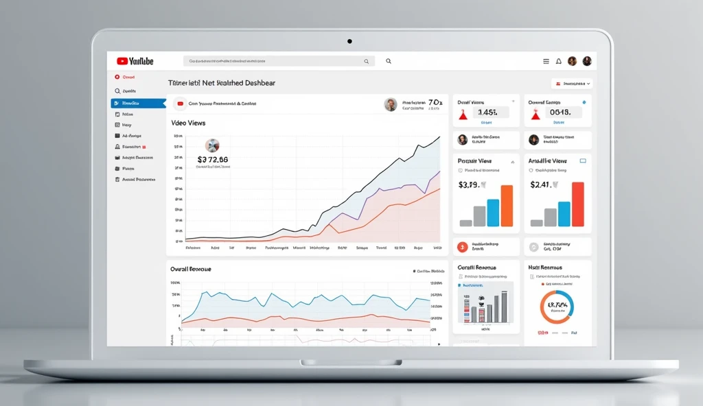 Image of graphs and statistics in the YouTube Studio dashboard, showing increase in views, ad clicks and revenue over time.