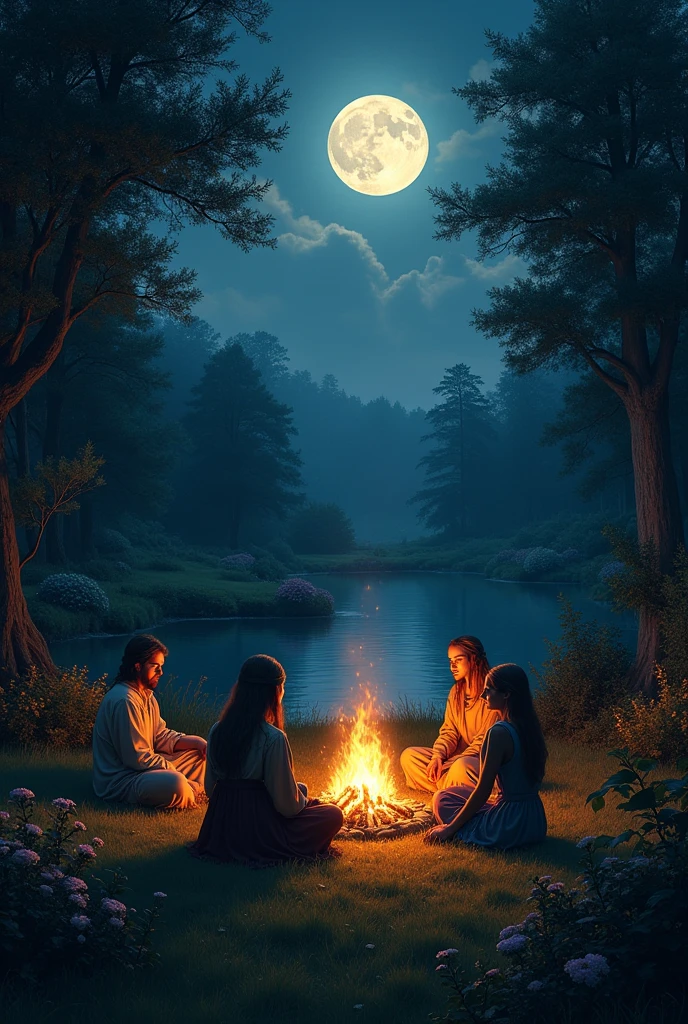 The full moon now illuminates the lake and the garden. 4 people are sitting around an improvised campfire, while the air is filled with the fragrance of night flowers. The atmosphere is intimate and full of mystery. medieval era