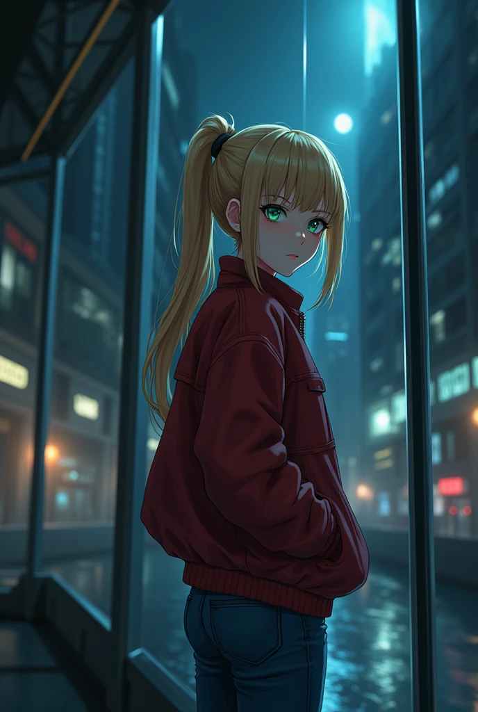The image is anime style with shadows and dim lights, anime style although somewhat adult and dark, In it, a girl appears standing in front of a glass wall where the futuristic night city can be seen behind her.. The girl is blonde and has a ponytail hairstyle, She has green eyes and is very beautiful, His face, However, it&#39;s serious. He looks about 2. He wears a red jacket and jeans.. 