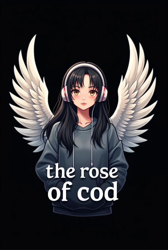 Create a logo where there is a girl with long black hair, brown eyes and a sweatshirt that has big, long angel wings and headphones., and below have the letters " THE ROSE OF COD " that the letters stand out very subtly and with the black background
